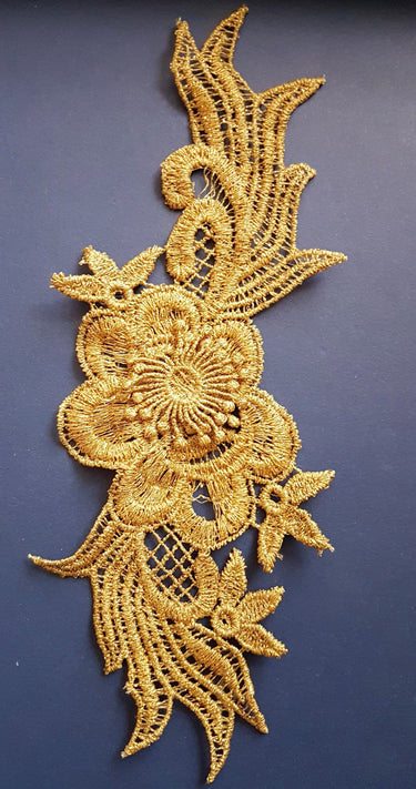 Antique Gold / Bronze Tone Crochet Thread Fabric Applique With Leaves and Flowers, Flower Applique - 200317A86